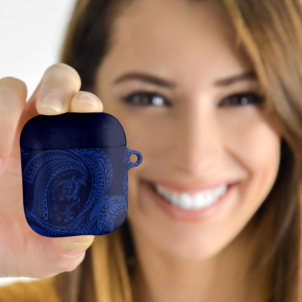 Hawaiian Turtle and Shark AirPods Case Kakau Tribal with Polynesian Pattern Blue Color