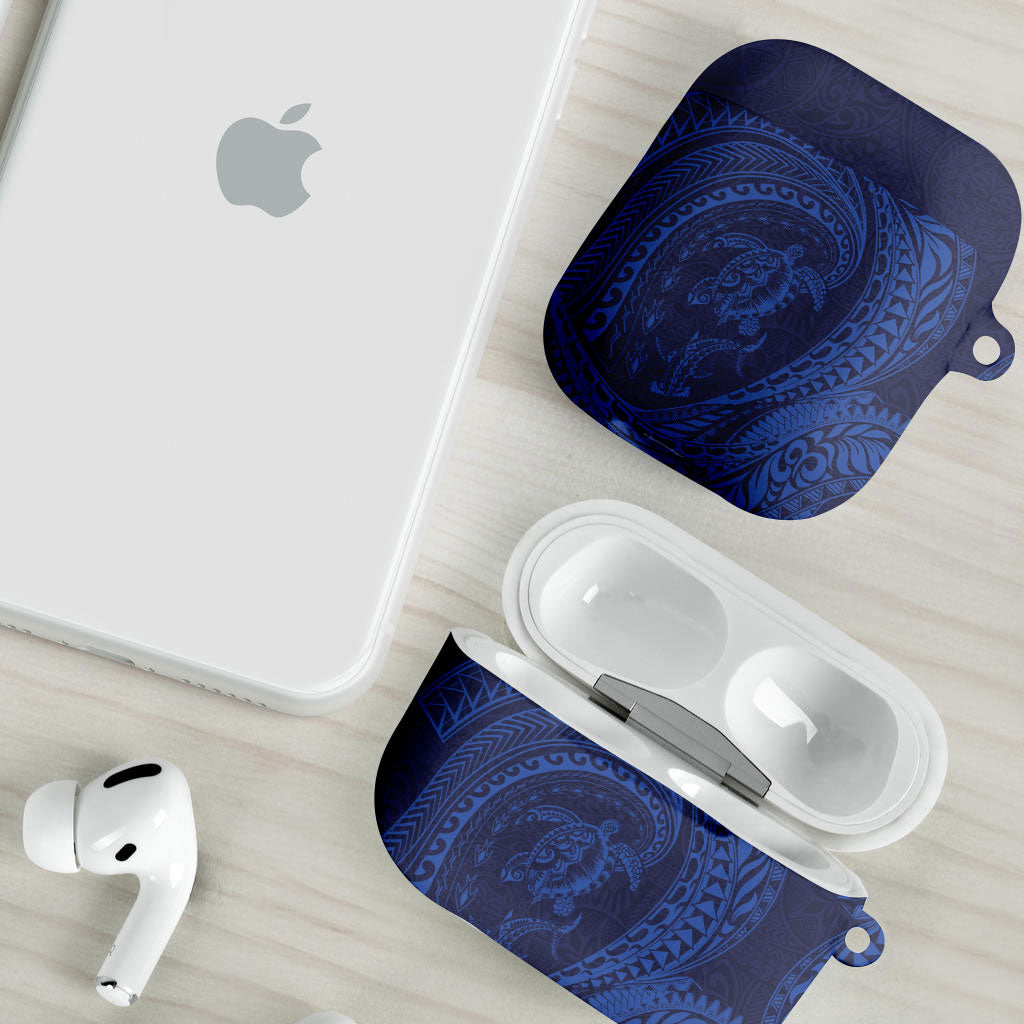 Hawaiian Turtle and Shark AirPods Case Kakau Tribal with Polynesian Pattern Blue Color