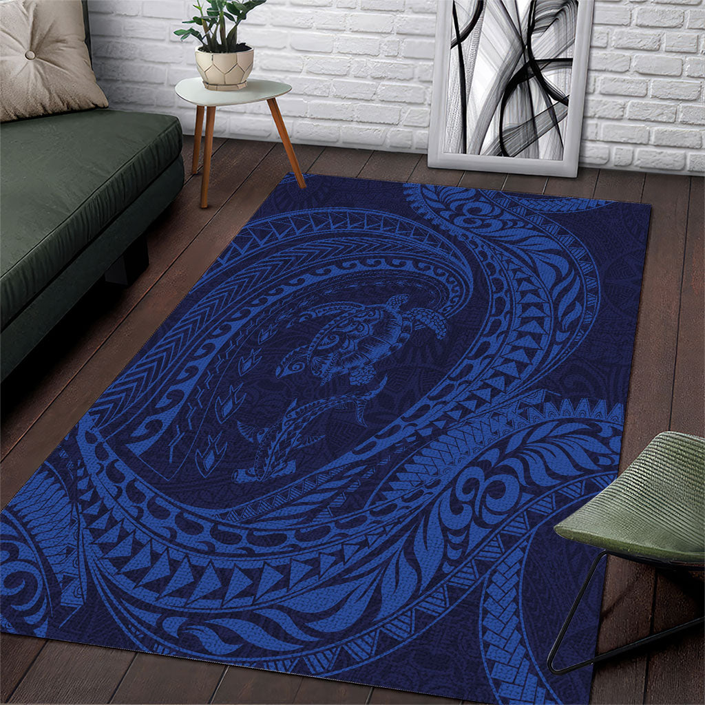 Hawaiian Turtle and Shark Area Rug Kakau Tribal with Polynesian Pattern Blue Color