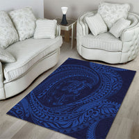 Hawaiian Turtle and Shark Area Rug Kakau Tribal with Polynesian Pattern Blue Color