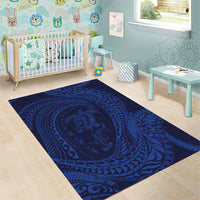 Hawaiian Turtle and Shark Area Rug Kakau Tribal with Polynesian Pattern Blue Color