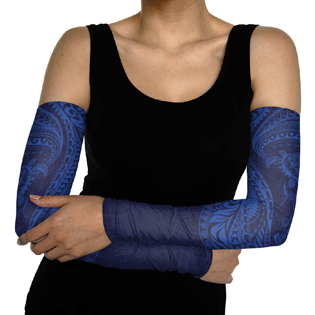 Hawaiian Turtle and Shark Arm Sleeves Kakau Tribal with Polynesian Pattern Blue Color