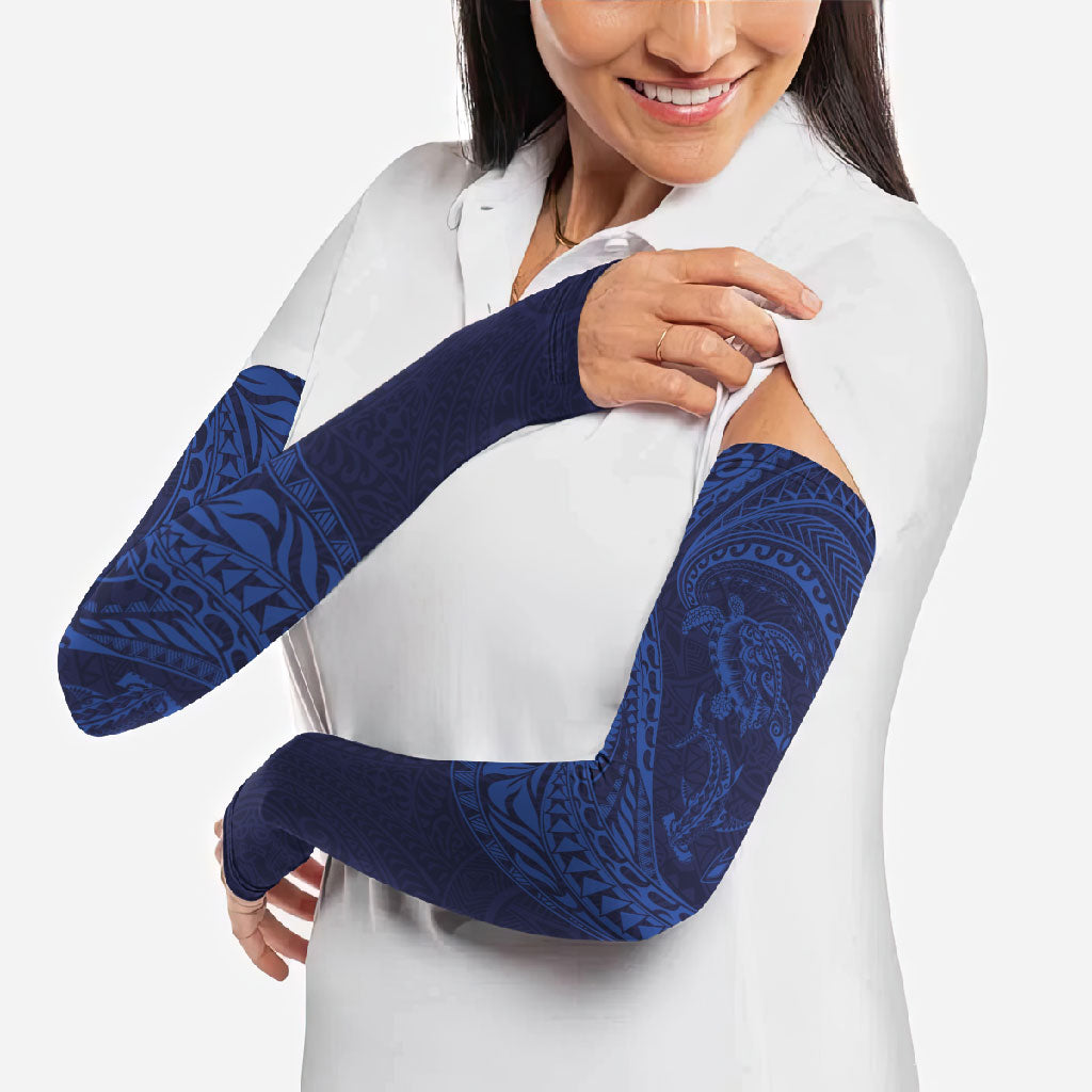 Hawaiian Turtle and Shark Arm Sleeves Kakau Tribal with Polynesian Pattern Blue Color