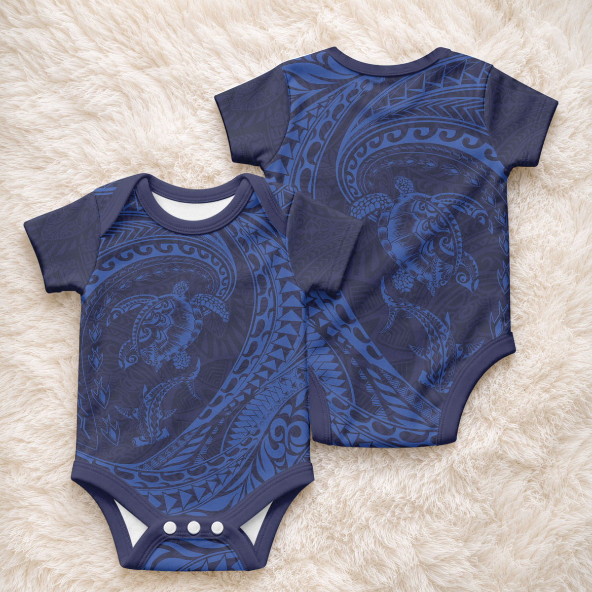 Hawaiian Turtle and Shark Baby Onesie Kakau Tribal with Polynesian Pattern Blue Color LT03 - Polynesian Pride