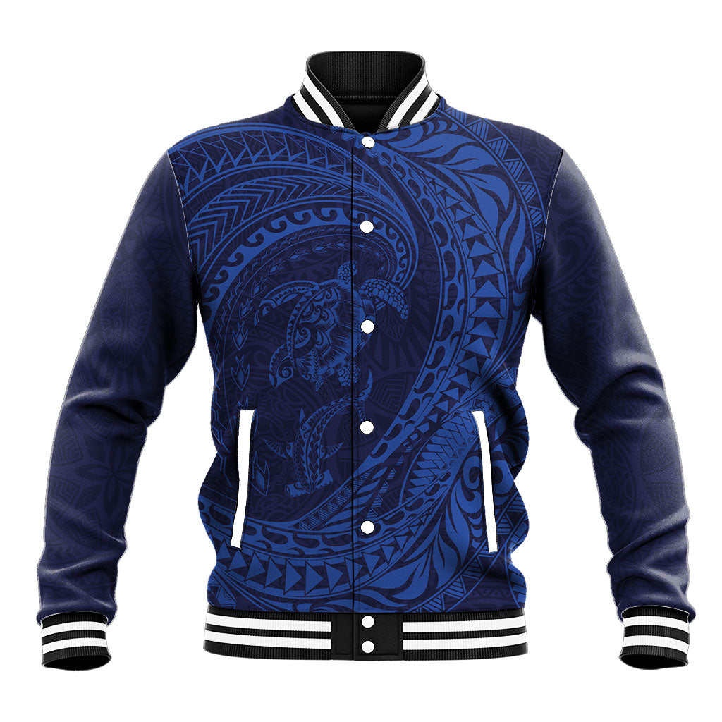 Hawaiian Turtle and Shark Baseball Jacket Kakau Tribal with Polynesian Pattern Blue Color