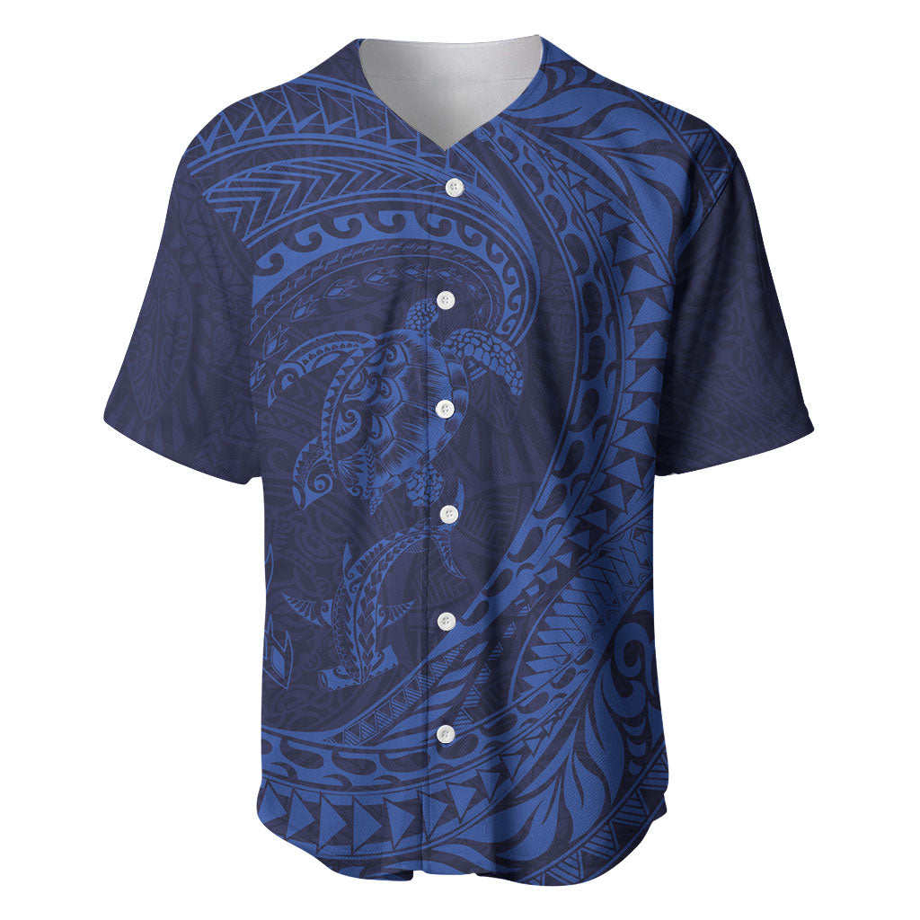 Hawaiian Turtle and Shark Baseball Jersey Kakau Tribal with Polynesian Pattern Blue Color