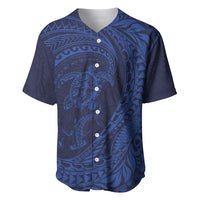 Hawaiian Turtle and Shark Baseball Jersey Kakau Tribal with Polynesian Pattern Blue Color