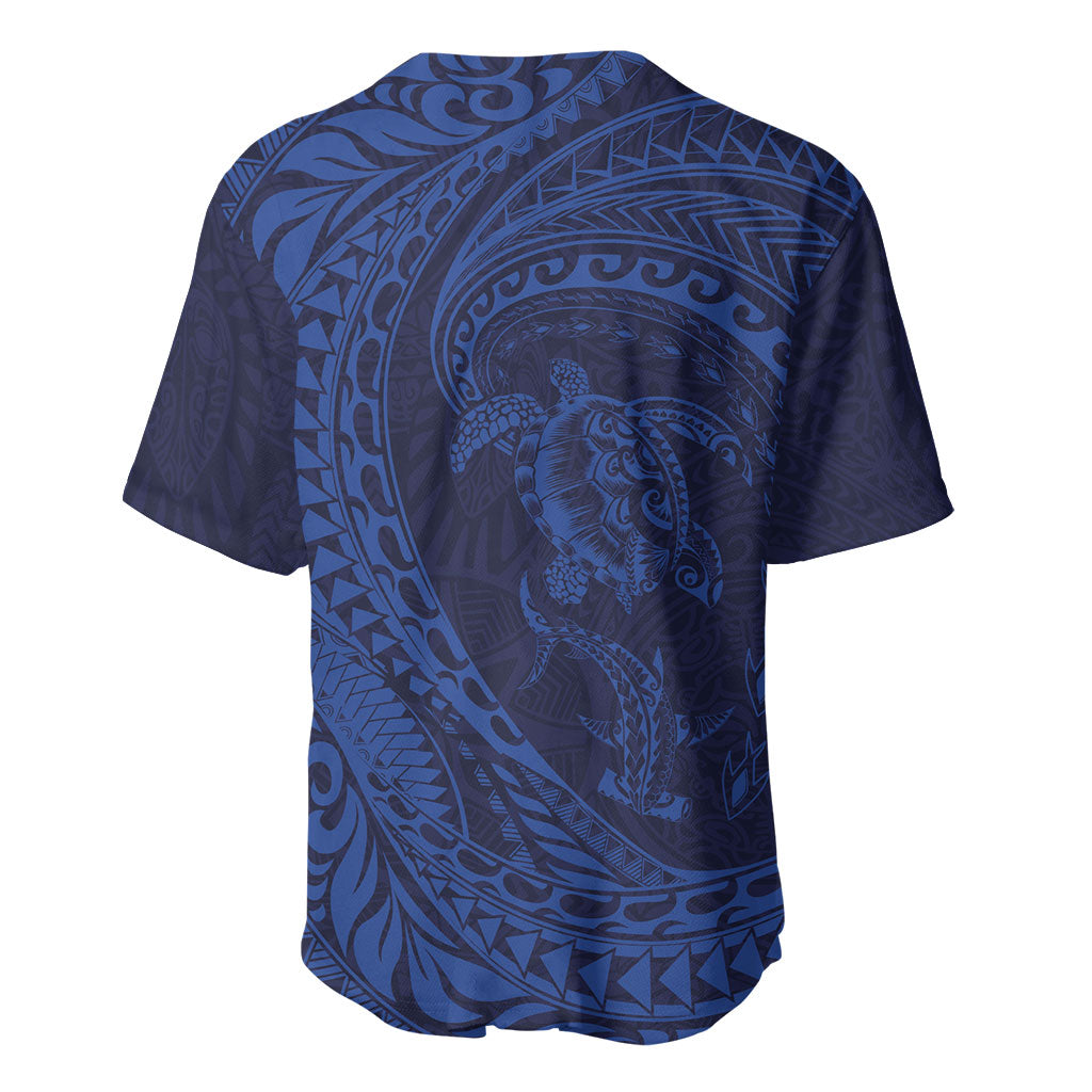 Hawaiian Turtle and Shark Baseball Jersey Kakau Tribal with Polynesian Pattern Blue Color