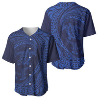 Hawaiian Turtle and Shark Baseball Jersey Kakau Tribal with Polynesian Pattern Blue Color