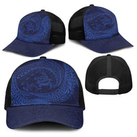 Hawaiian Turtle and Shark Baseball Net Cap Kakau Tribal with Polynesian Pattern Blue Color