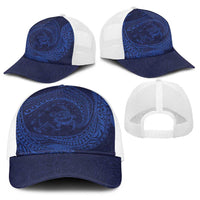Hawaiian Turtle and Shark Baseball Net Cap Kakau Tribal with Polynesian Pattern Blue Color