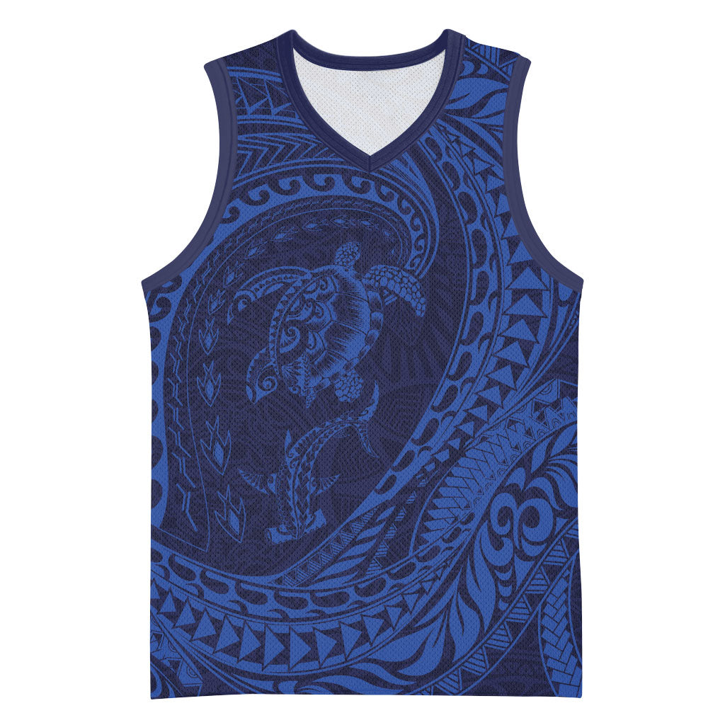Hawaiian Turtle and Shark Basketball Jersey Kakau Tribal with Polynesian Pattern Blue Color
