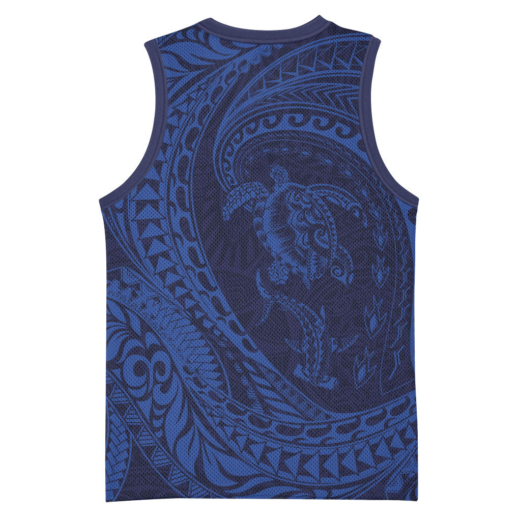 Hawaiian Turtle and Shark Basketball Jersey Kakau Tribal with Polynesian Pattern Blue Color