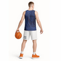 Hawaiian Turtle and Shark Basketball Jersey Kakau Tribal with Polynesian Pattern Blue Color