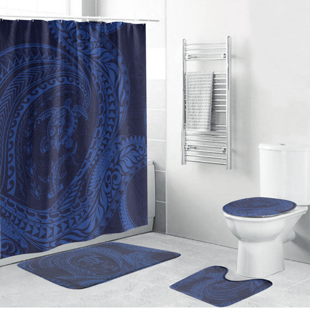 Hawaiian Turtle and Shark Bathroom Set Kakau Tribal with Polynesian Pattern Blue Color