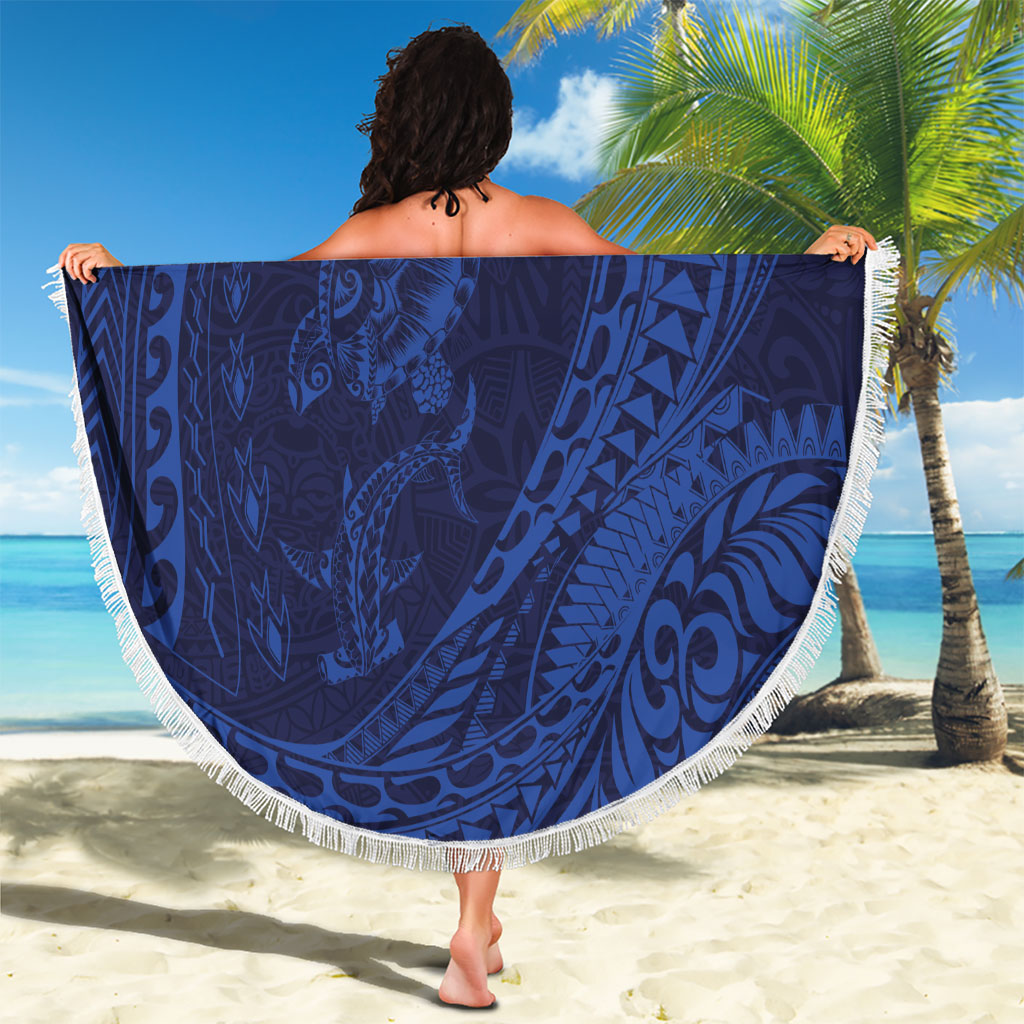 Hawaiian Turtle and Shark Beach Blanket Kakau Tribal with Polynesian Pattern Blue Color