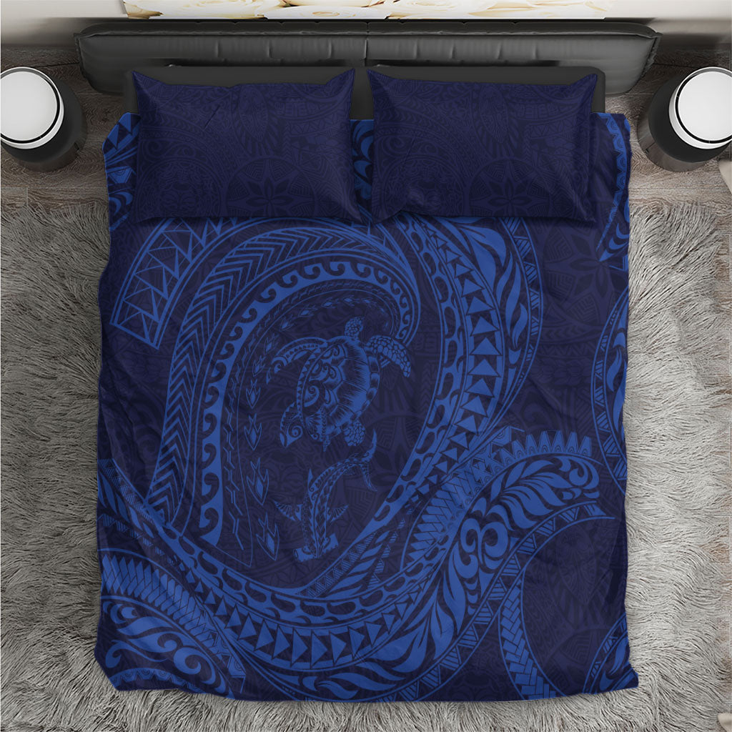 Hawaiian Turtle and Shark Bedding Set Kakau Tribal with Polynesian Pattern Blue Color