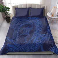 Hawaiian Turtle and Shark Bedding Set Kakau Tribal with Polynesian Pattern Blue Color