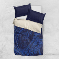 Hawaiian Turtle and Shark Bedding Set Kakau Tribal with Polynesian Pattern Blue Color