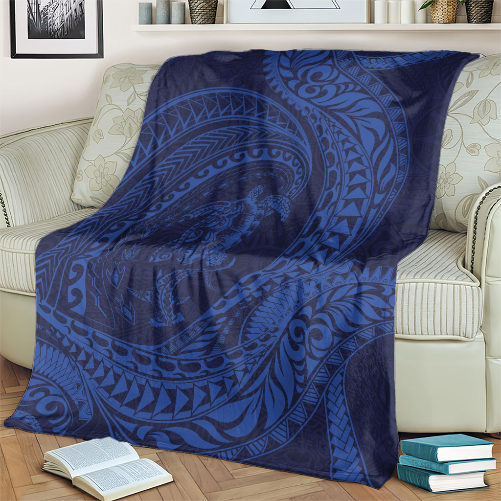 Hawaiian Turtle and Shark Blanket Kakau Tribal with Polynesian Pattern Blue Color