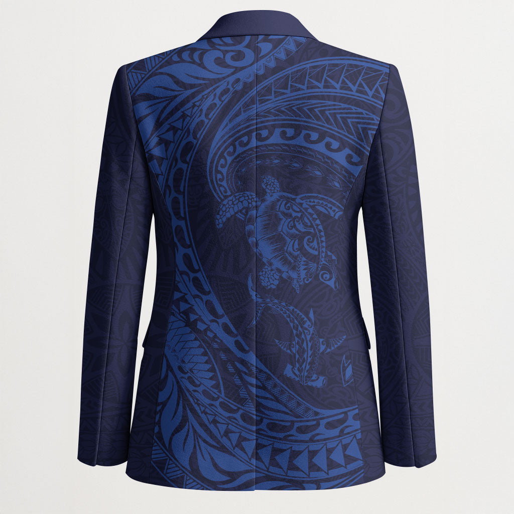 Hawaiian Turtle and Shark Blazer Kakau Tribal with Polynesian Pattern Blue Color