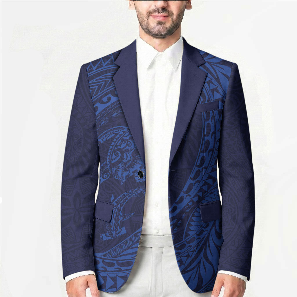 Hawaiian Turtle and Shark Blazer Kakau Tribal with Polynesian Pattern Blue Color