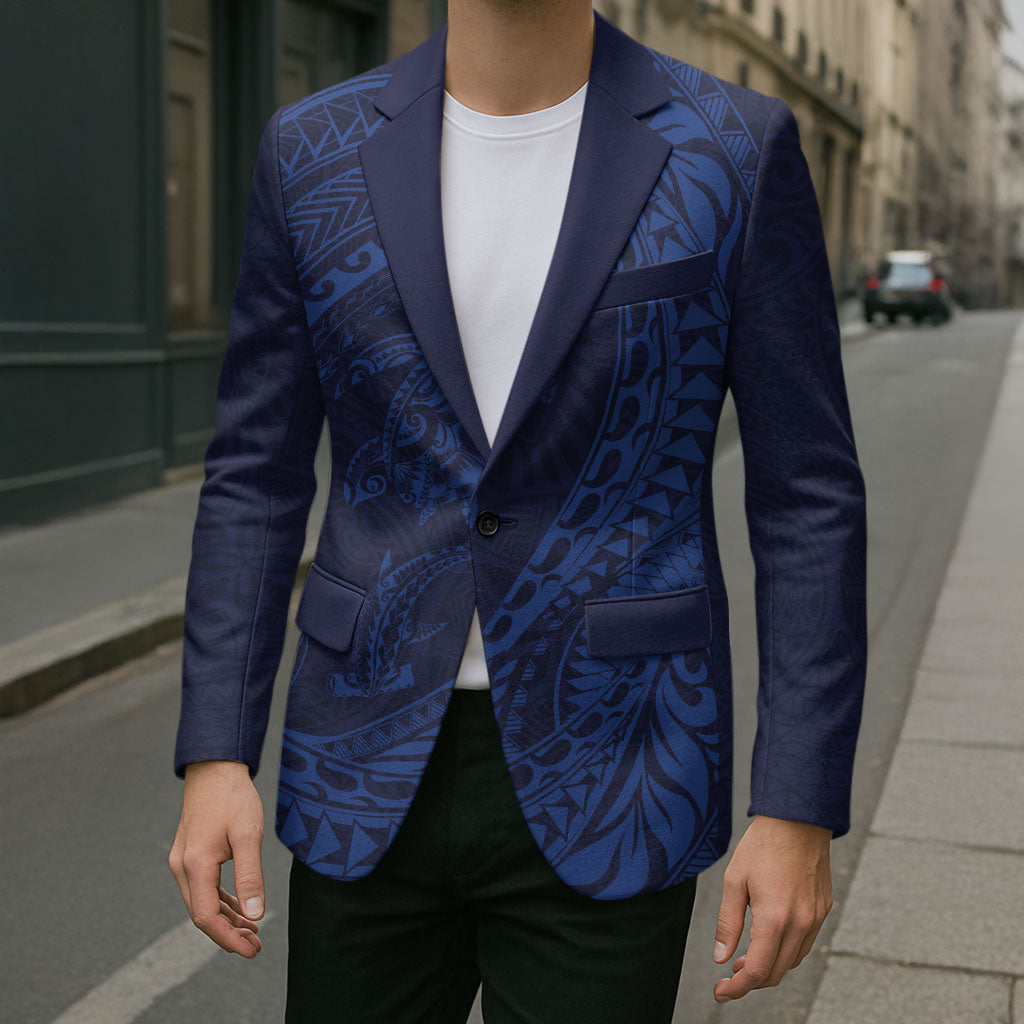 Hawaiian Turtle and Shark Blazer Kakau Tribal with Polynesian Pattern Blue Color