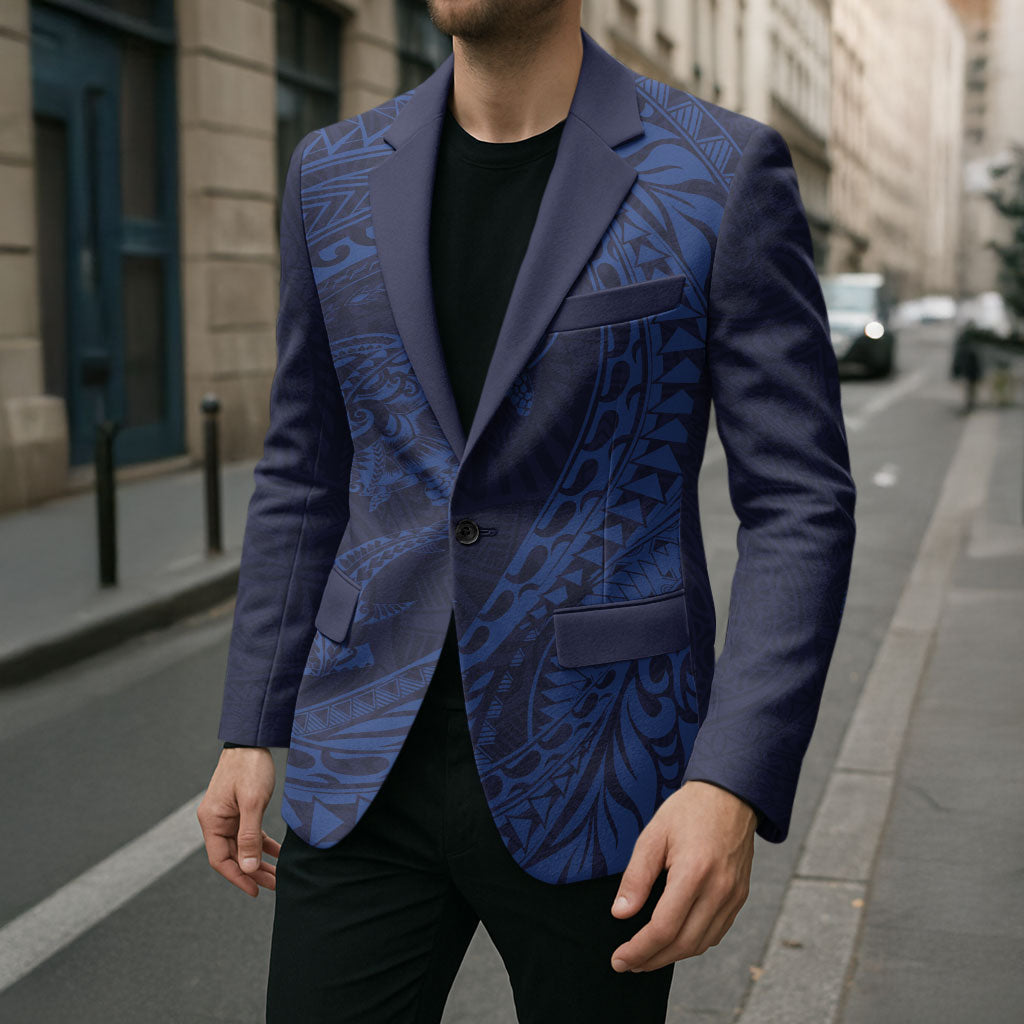 Hawaiian Turtle and Shark Blazer Kakau Tribal with Polynesian Pattern Blue Color