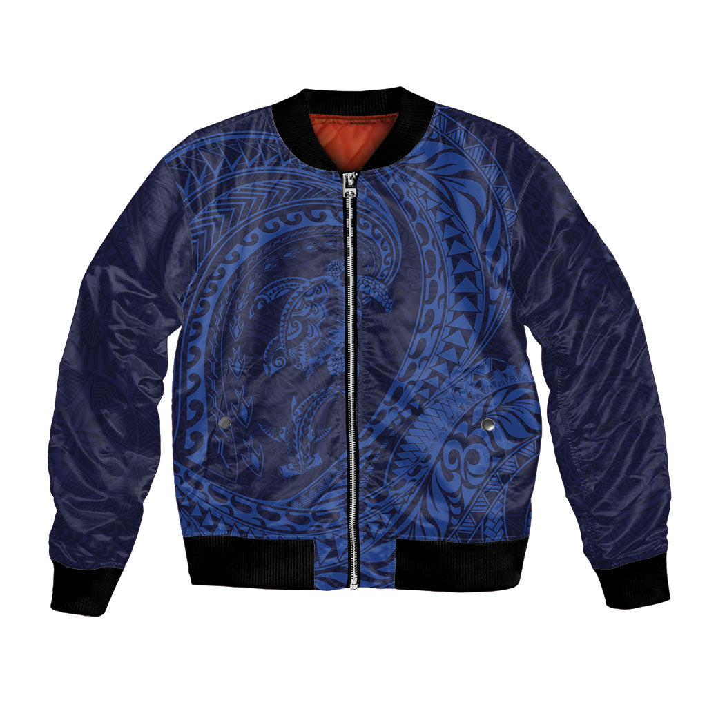 Hawaiian Turtle and Shark Bomber Jacket Kakau Tribal with Polynesian Pattern Blue Color