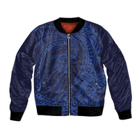 Hawaiian Turtle and Shark Bomber Jacket Kakau Tribal with Polynesian Pattern Blue Color