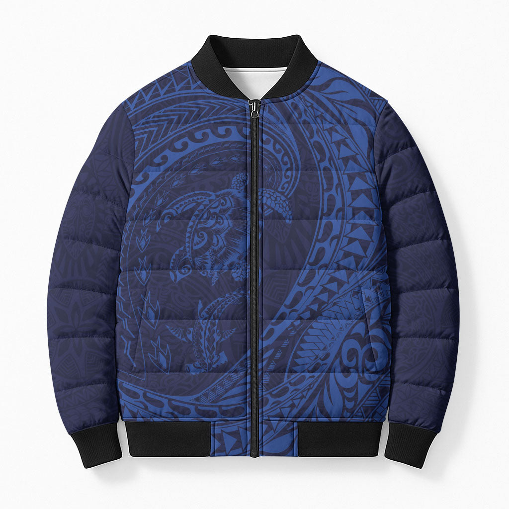 Hawaiian Turtle and Shark Bomber Puffer Jacket Kakau Tribal with Polynesian Pattern Blue Color