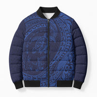 Hawaiian Turtle and Shark Bomber Puffer Jacket Kakau Tribal with Polynesian Pattern Blue Color