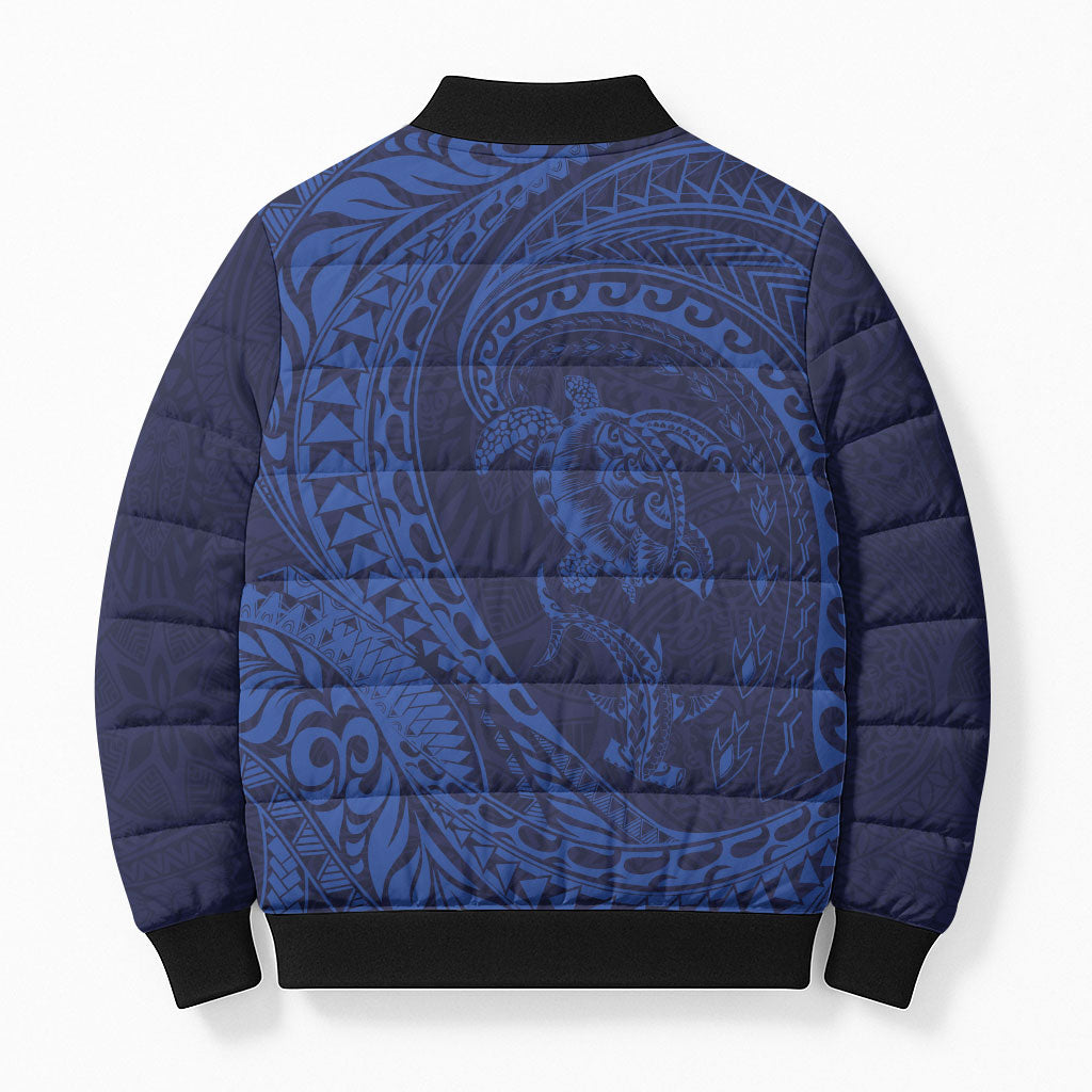 Hawaiian Turtle and Shark Bomber Puffer Jacket Kakau Tribal with Polynesian Pattern Blue Color