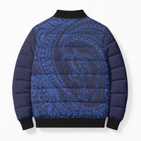 Hawaiian Turtle and Shark Bomber Puffer Jacket Kakau Tribal with Polynesian Pattern Blue Color