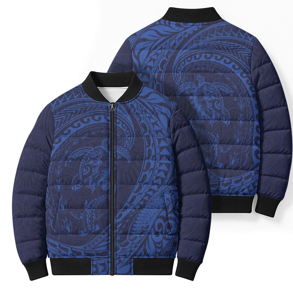 Hawaiian Turtle and Shark Bomber Puffer Jacket Kakau Tribal with Polynesian Pattern Blue Color