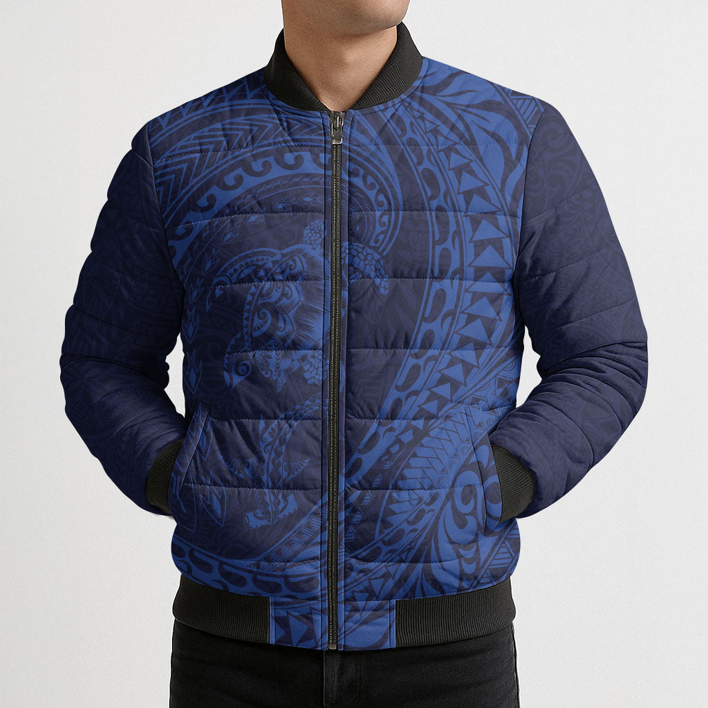Hawaiian Turtle and Shark Bomber Puffer Jacket Kakau Tribal with Polynesian Pattern Blue Color