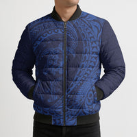 Hawaiian Turtle and Shark Bomber Puffer Jacket Kakau Tribal with Polynesian Pattern Blue Color