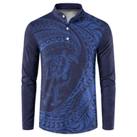 Hawaiian Turtle and Shark Button Sweatshirt Kakau Tribal with Polynesian Pattern Blue Color