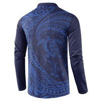 Hawaiian Turtle and Shark Button Sweatshirt Kakau Tribal with Polynesian Pattern Blue Color