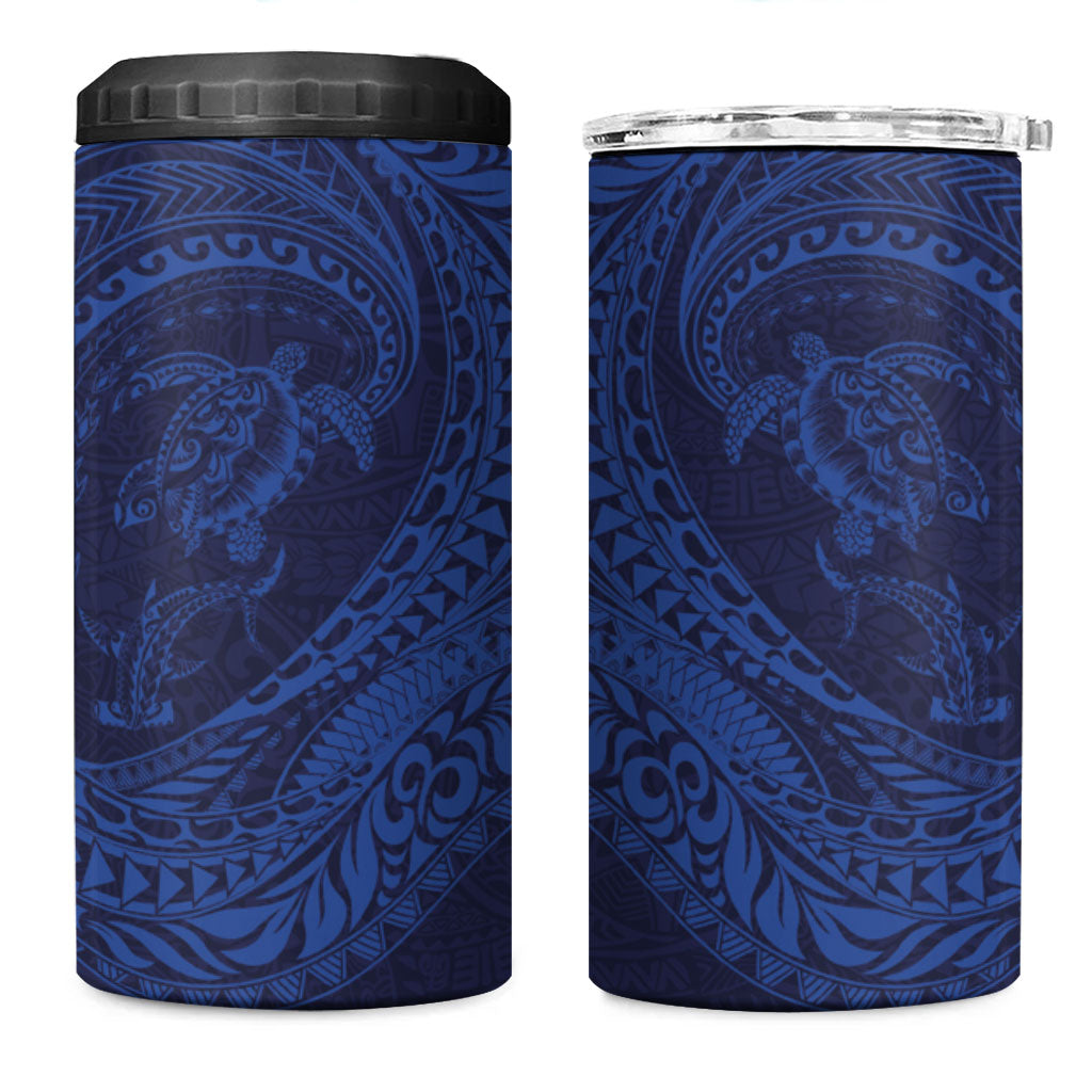 Hawaiian Turtle and Shark 4 in 1 Can Cooler Tumbler Kakau Tribal with Polynesian Pattern Blue Color