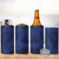 Hawaiian Turtle and Shark 4 in 1 Can Cooler Tumbler Kakau Tribal with Polynesian Pattern Blue Color