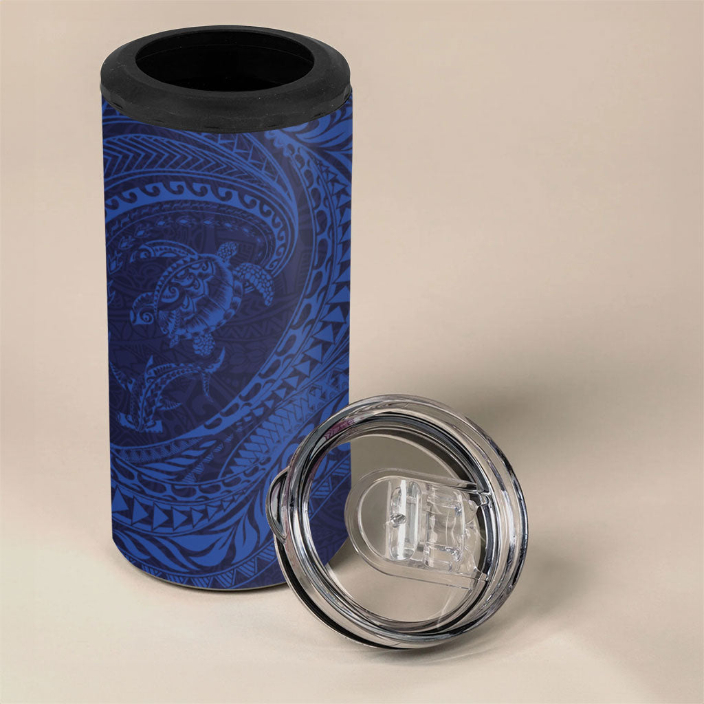 Hawaiian Turtle and Shark 4 in 1 Can Cooler Tumbler Kakau Tribal with Polynesian Pattern Blue Color