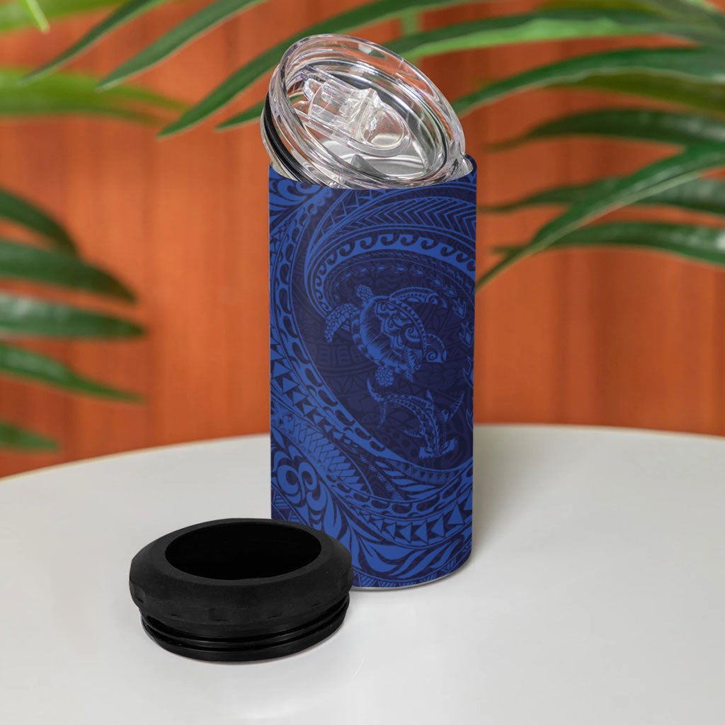 Hawaiian Turtle and Shark 4 in 1 Can Cooler Tumbler Kakau Tribal with Polynesian Pattern Blue Color