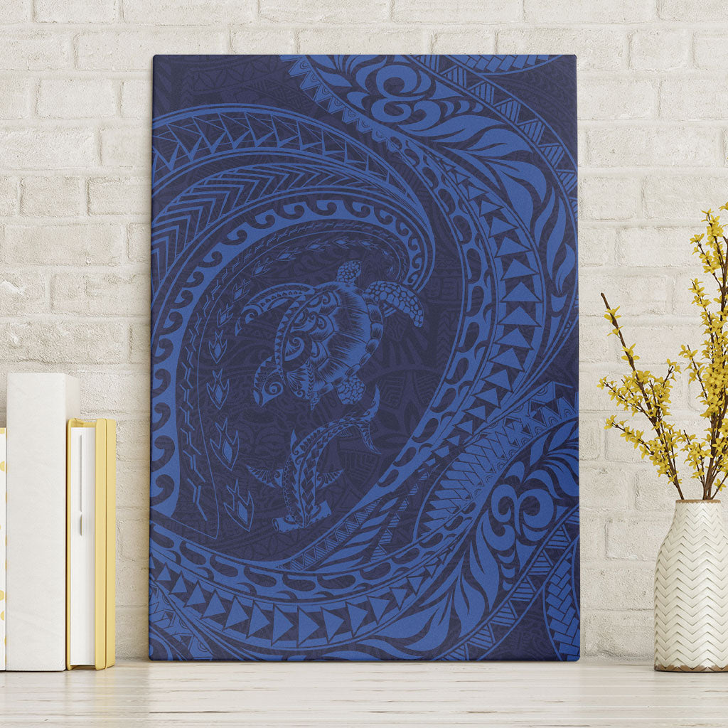 Hawaiian Turtle and Shark Canvas Wall Art Kakau Tribal with Polynesian Pattern Blue Color