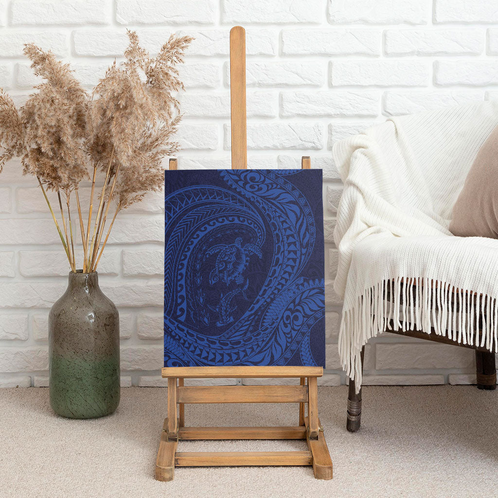 Hawaiian Turtle and Shark Canvas Wall Art Kakau Tribal with Polynesian Pattern Blue Color