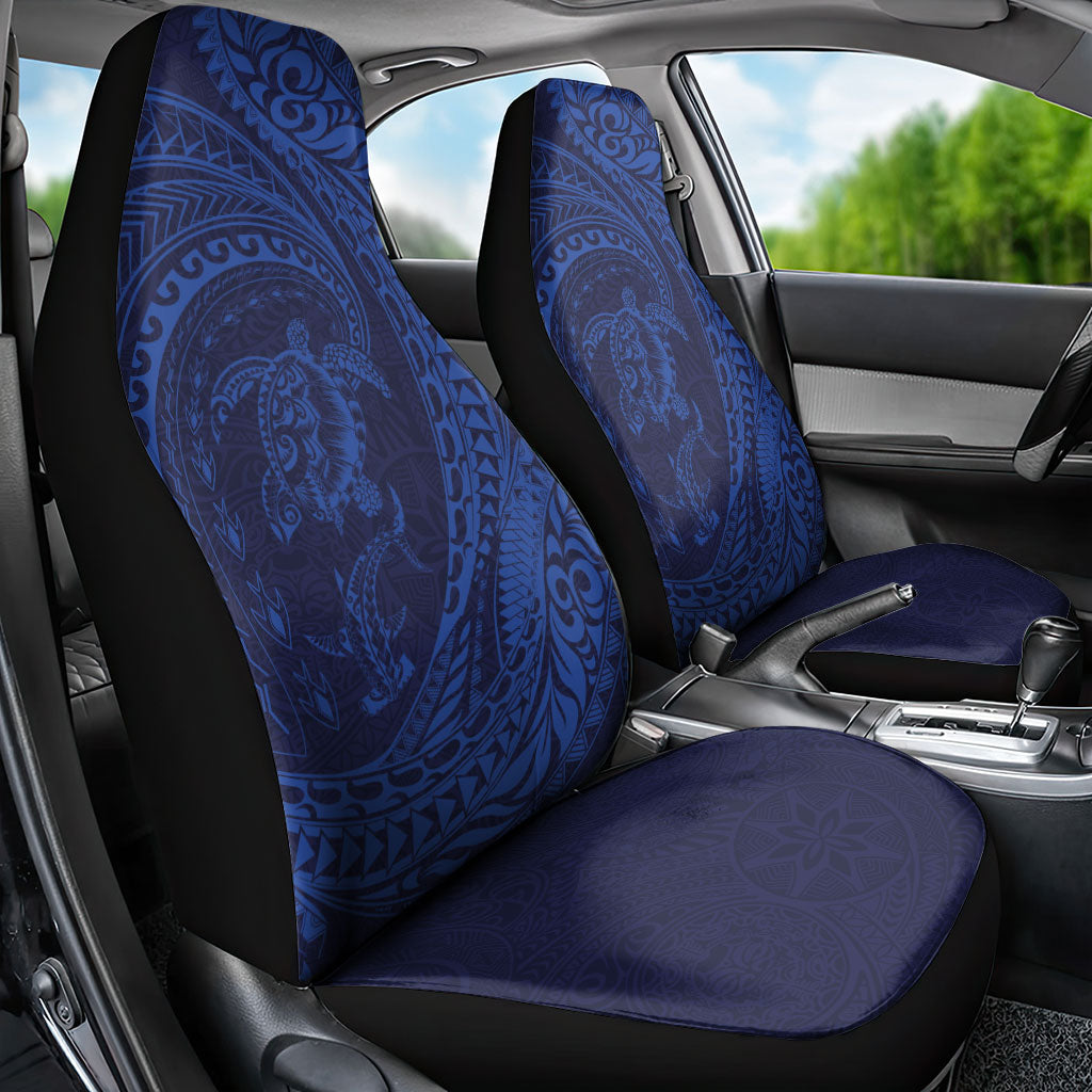 Hawaiian Turtle and Shark Car Seat Cover Kakau Tribal with Polynesian Pattern Blue Color