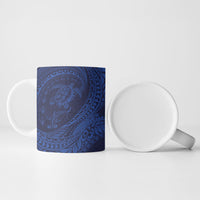 Hawaiian Turtle and Shark Ceramic Mug Kakau Tribal with Polynesian Pattern Blue Color