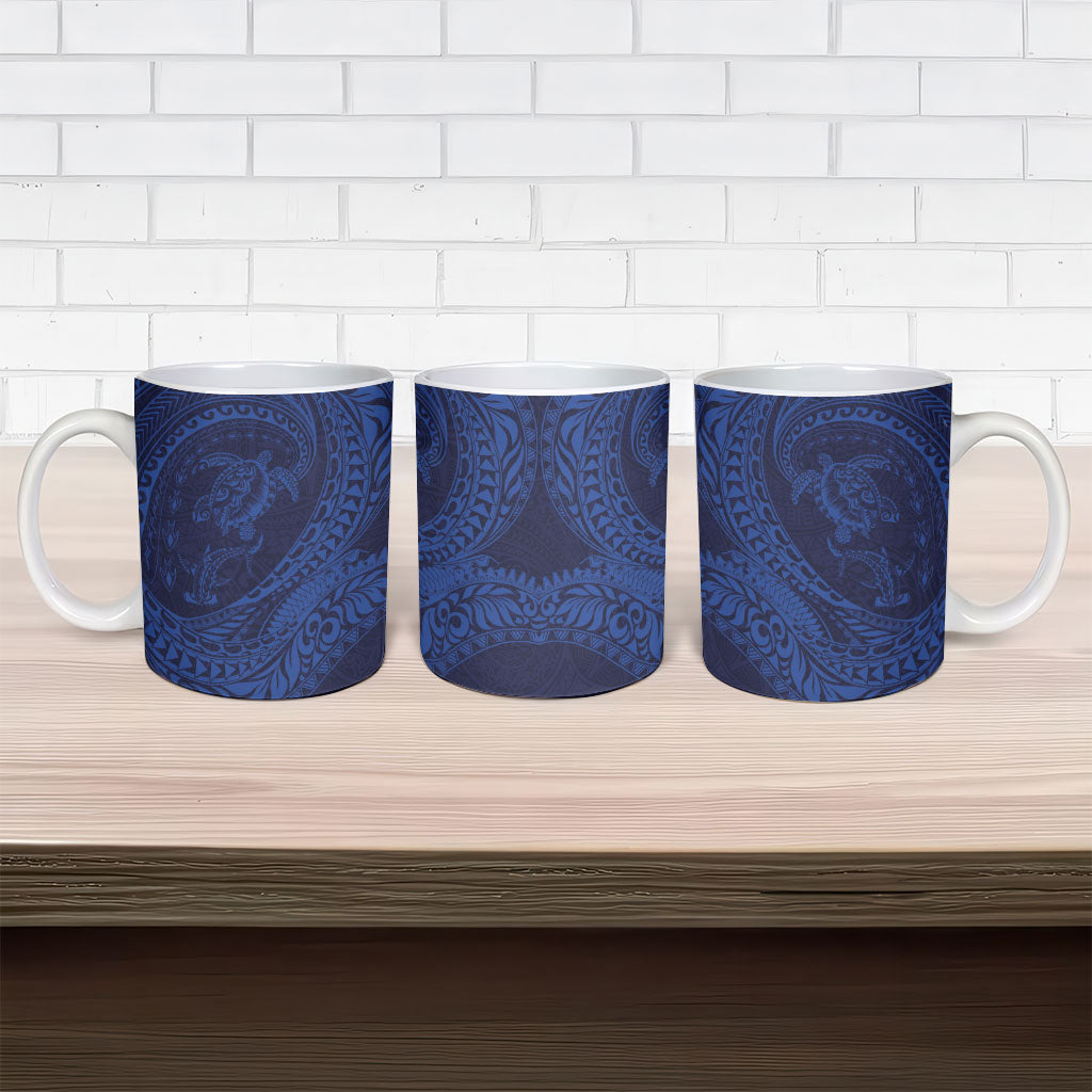 Hawaiian Turtle and Shark Ceramic Mug Kakau Tribal with Polynesian Pattern Blue Color