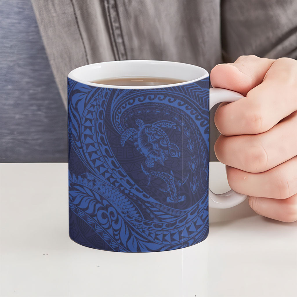 Hawaiian Turtle and Shark Ceramic Mug Kakau Tribal with Polynesian Pattern Blue Color