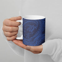 Hawaiian Turtle and Shark Ceramic Mug Kakau Tribal with Polynesian Pattern Blue Color